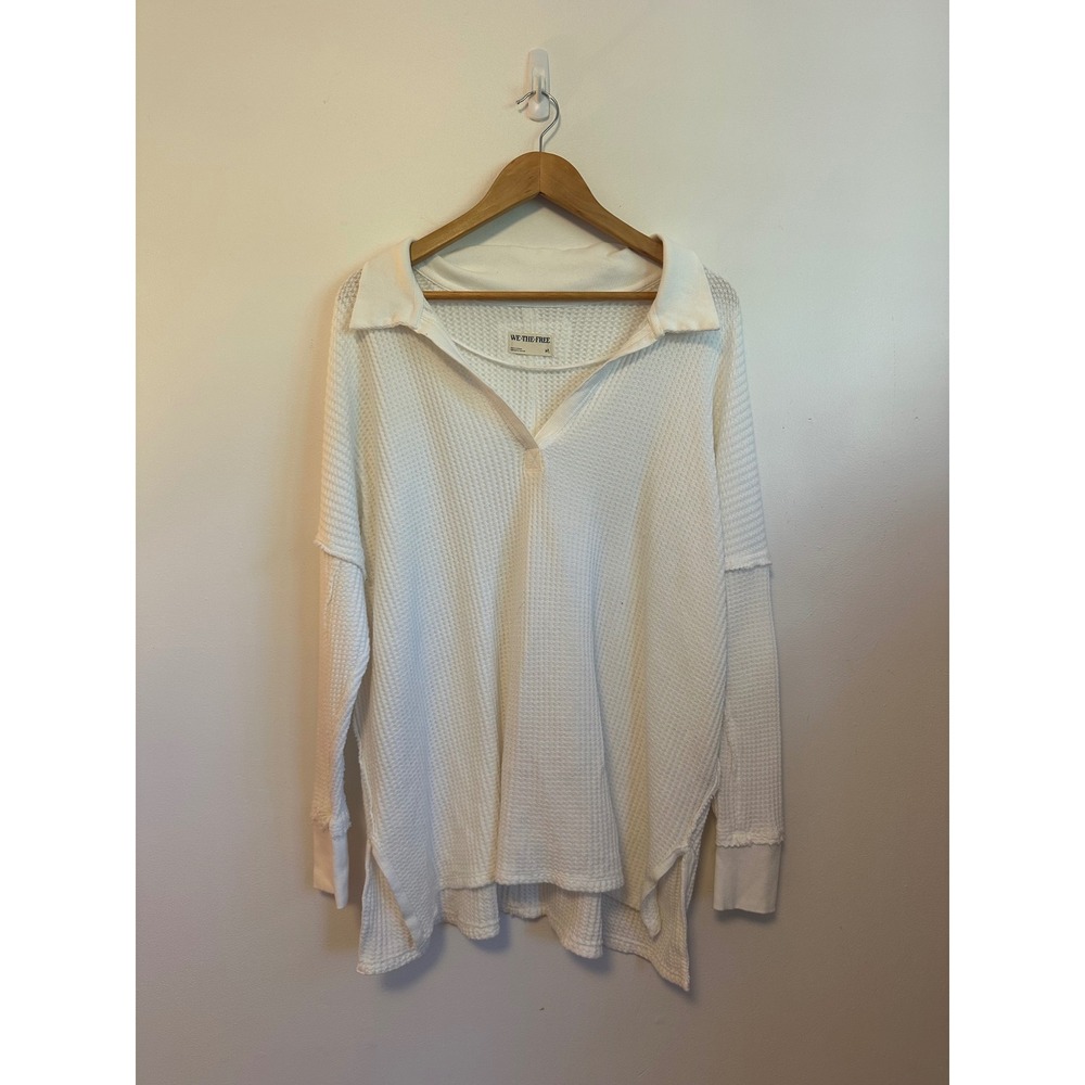 We The Free x Free People White Waffle Thermal Oversized V-Neck Top | Medium